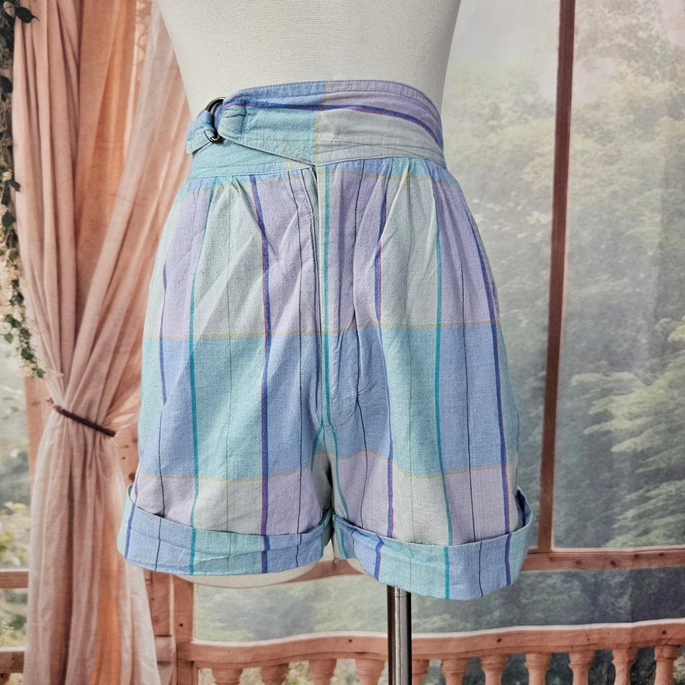 Vintage 1990s Pastel Plaid High Waisted Shorts Blue Purple D-Ring Wrap Waist
